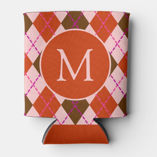 Red Pink and Brown Argyle Pattern Monogram Dosenkühler (Vorderseite)