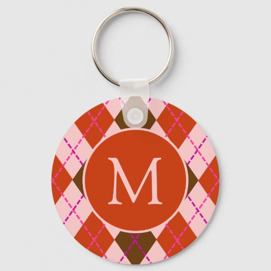 Red Pink and Brown Argyle Pattern Monogram Schlüsselanhänger (Vorderseite)
