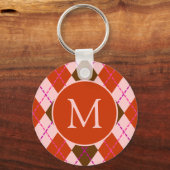 Red Pink and Brown Argyle Pattern Monogram Schlüsselanhänger (Rückseite)