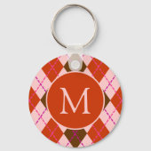 Red Pink and Brown Argyle Pattern Monogram Schlüsselanhänger (Rückseite)