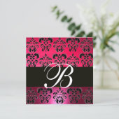 RED PINK BLACK DAMASK MONOGRAM fuchsia weiß Einladung (Stehend Vorderseite)