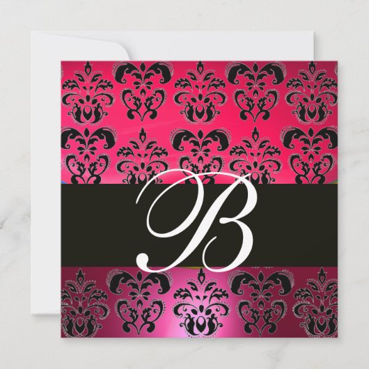 RED PINK BLACK DAMASK MONOGRAM fuchsia weiß Einladung (Vorderseite)