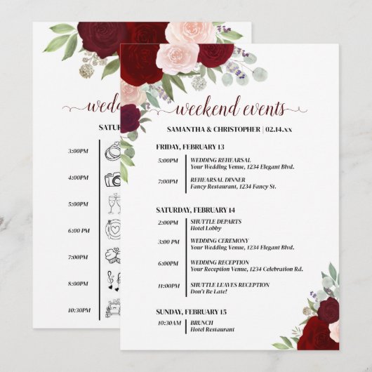 Red & Pink Boho Roses Wedding Events & Timeline Programm (Vorne/Hinten)