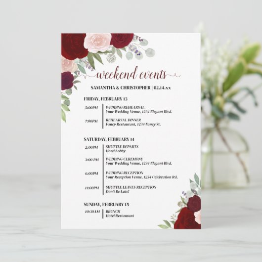 Red & Pink Boho Roses Wedding Events & Timeline Programm (Stehend Vorderseite)