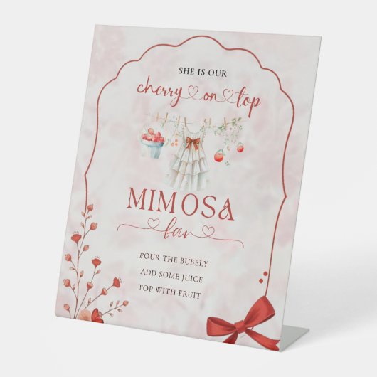 Red Pink Bow Cherry Mimosa Bar | Elegant Floral Sockelschild (Vorderseite)