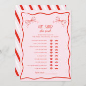 Red Pink Bow He Said She Said Bridal Shower Game Einladung (Vorne/Hinten)