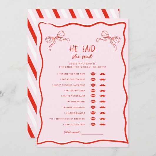 Red Pink Bow He Said She Said Bridal Shower Game Einladung (Vorne/Hinten)