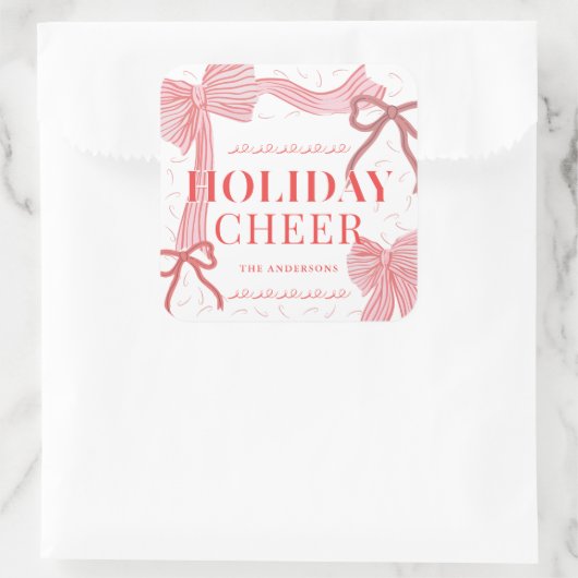 Red & Pink Bows Holiday Cheer Foto Weihnachten Quadratischer Aufkleber (Tasche)