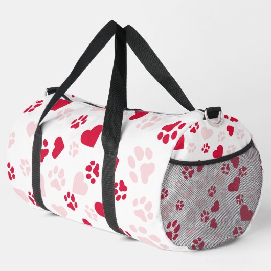 Red & Pink Cat Paw Print Herz Muster Duffle Bag (Rechte Ecke)