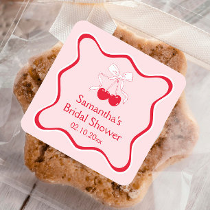 Red Pink Cherry On Top Bow Brautparty Gefallen Quadratischer Aufkleber