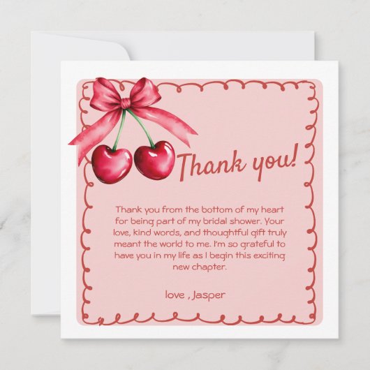 Red & Pink Cherry Wavy Border Coquette Bow Dankeskarte