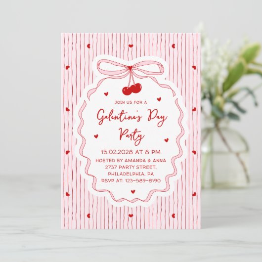 Red Pink Coquette Cherry Bow Galentine's Day Party Einladung (Stehend Vorderseite)