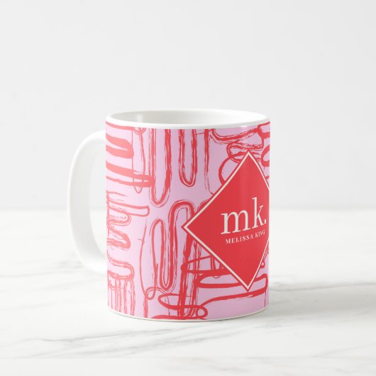 Red Pink Curve Wavy Squiggle Abstract Monogrammed Kaffeetasse (Vorderseite Links)