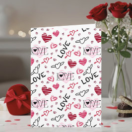 Red Pink Doodle Hearts Pattern Valentine's Day Karte
