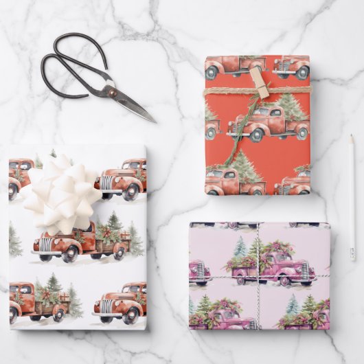 Red & Pink Farm Truck Christmas Holiday Geschenkpapier Set (Vorderseite)