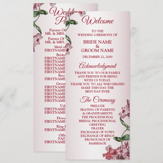 Red Pink Floral Green Leaves Modern Wedding Programm (Vorne/Hinten)