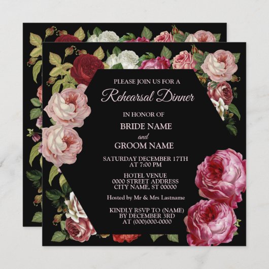 Red Pink Floral Greenery Black Rehearsal Dinner Einladung (Vorne/Hinten)
