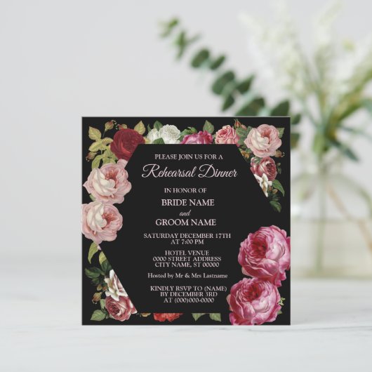 Red Pink Floral Greenery Black Rehearsal Dinner Einladung (Stehend Vorderseite)