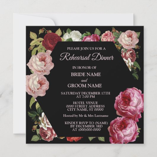 Red Pink Floral Greenery Black Rehearsal Dinner Einladung (Vorderseite)