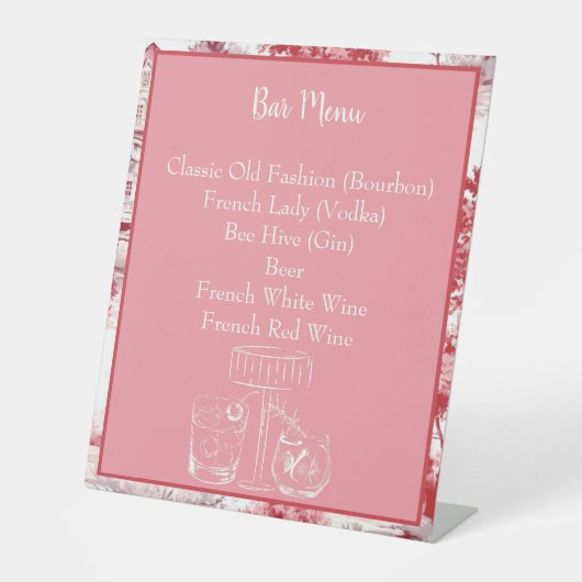 Red Pink French Toile Bar Menu (Abzeichen) Sockelschild (Vorderseite)