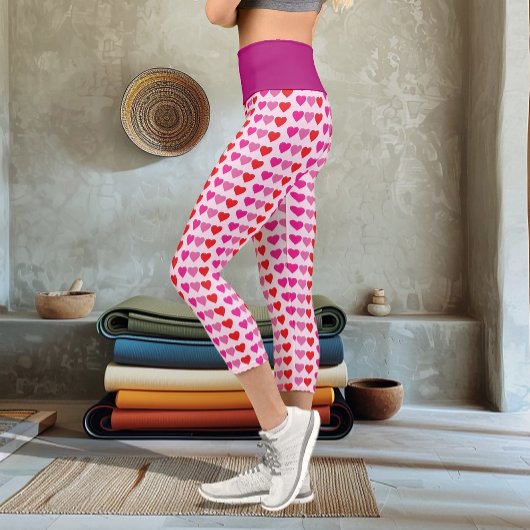 Red Pink Fuchsia Hearts Capri Leggings