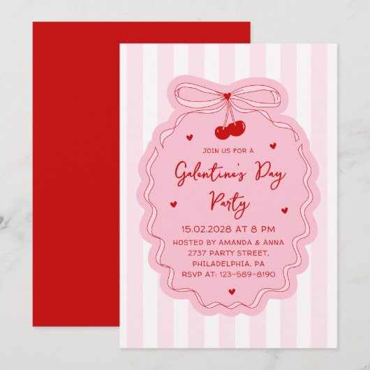 Red Pink Girly Coquette Bow Galentine's Day Party Einladung (Vorne/Hinten)
