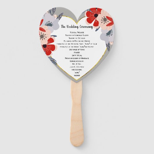 Red Pink Gold Floral Wedding Program Fan Fächer (Vorderseite)