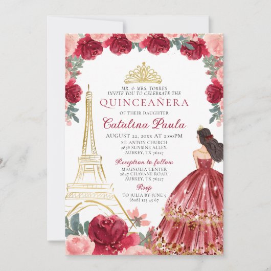 Red Pink Gold Tiara Paris Quinceañera Einladung (Vorderseite)