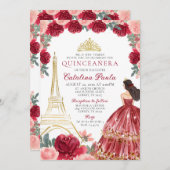 Red Pink Gold Tiara Paris Quinceañera Einladung (Vorne/Hinten)