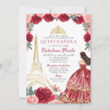 Red Pink Gold Tiara Paris Quinceañera Einladung
