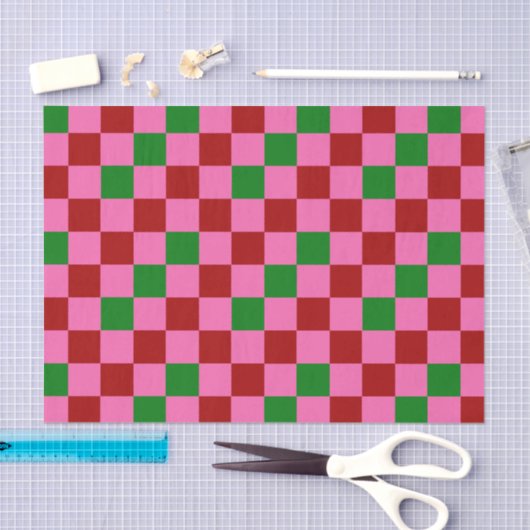 Red Pink Green Checkered Pattern Design  Seidenpapier (Handwerk)