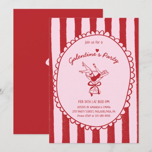 Red Pink Hand Drawn Galentine's Party Einladung (Vorne/Hinten)