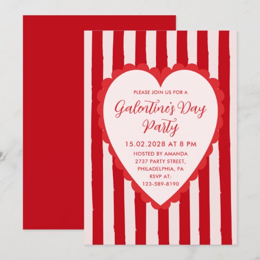 Red Pink Hand Drawn Heart Frame Galentine's Party Einladung (Vorne/Hinten)