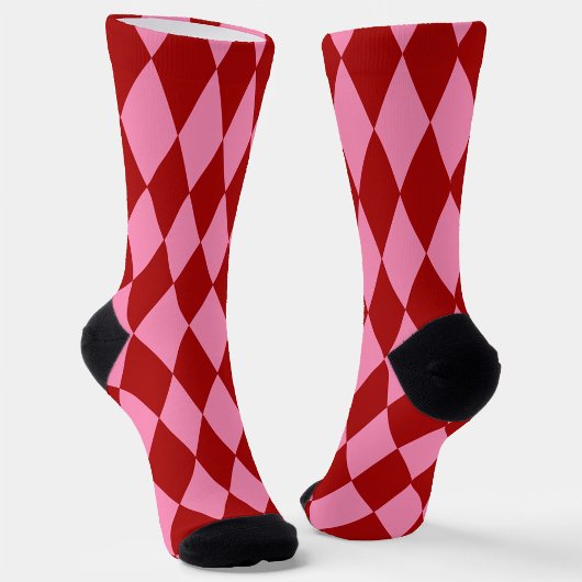 Red Pink Harlequin Checkered Design Socken