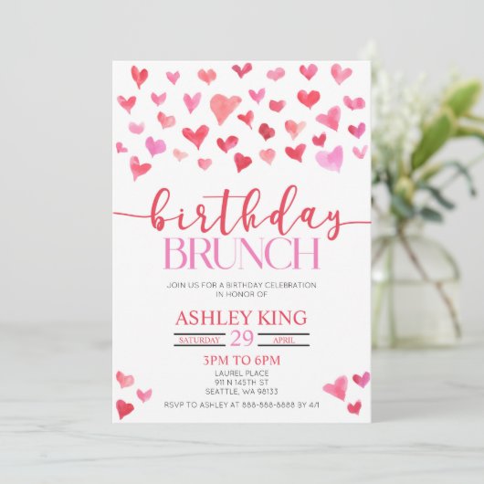 Red Pink Hearts Birthday Brunch Party Einladung (Stehend Vorderseite)