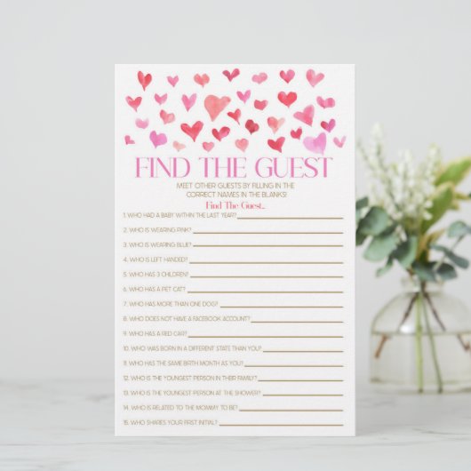 Red Pink Hearts finden das Guest Baby Shower Game Briefpapier (Stehend Vorderseite)
