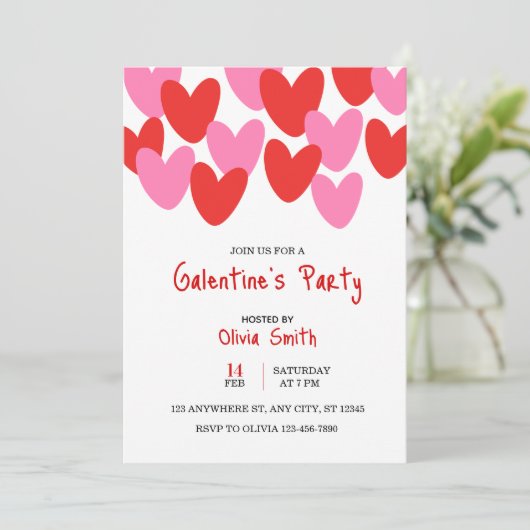 red pink hearts Galentine’s Day invitation, hearts Einladung (Stehend Vorderseite)