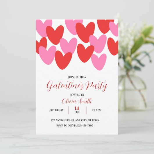 RED PINK HEARTS GALENTINES DAY PARTY INVITATION EINLADUNG (Stehend Vorderseite)