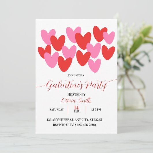 RED PINK HEARTS GALENTINES DAY PARTY INVITATION EINLADUNG (Stehend Vorderseite)