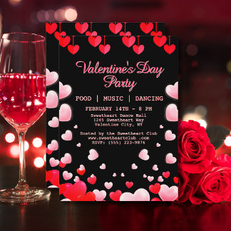 Red Pink Hearts Valentins Party Food Music Dance Einladung