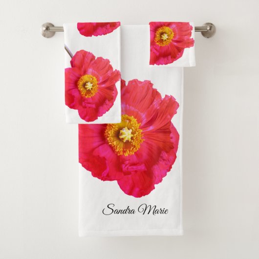 Red Pink Modern Poppies Poppy Blume Weiß Badhandtuch Set (Insitu)