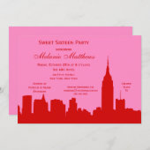 Red Pink NYC Skyline Silhouette 16 . Geburtstag Einladung (Vorne/Hinten)