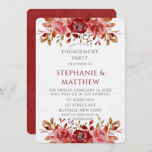 Red Pink Peony White Linen Engagement Party Einladung