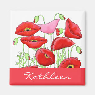Red Pink Poppies Art Custom Name Personalized Magnet