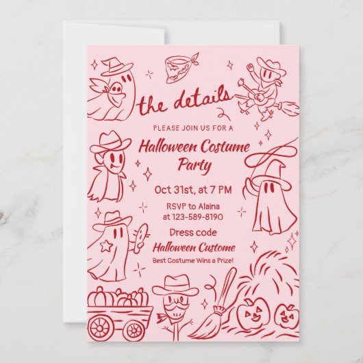 Red Pink Quirky Hand Drawing Cowboy Halloween-Part Einladung (Rückseite)