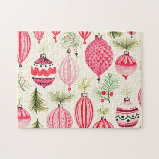 Red Pink Retro Ornaments Christmas Puzzle (Horizontal)