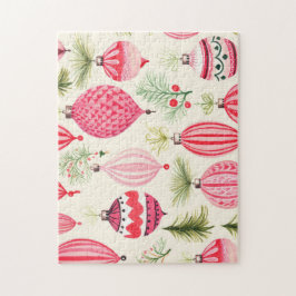 Red Pink Retro Ornaments Christmas Puzzle