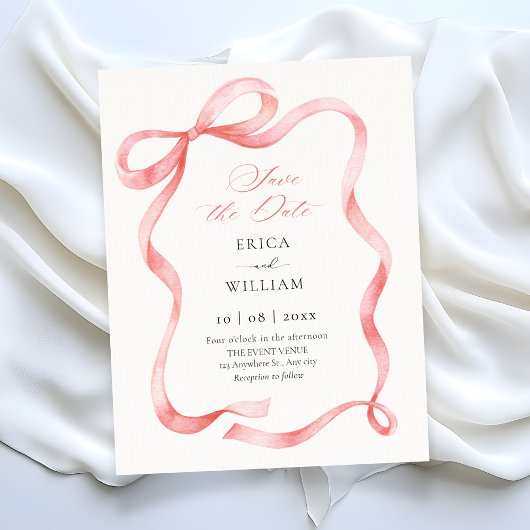 Red pink ribbon bow  save the date