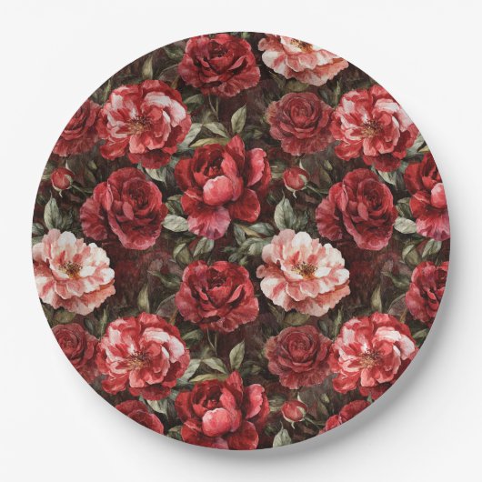 Red Pink Rose Flowers Pappteller (Vorderseite)