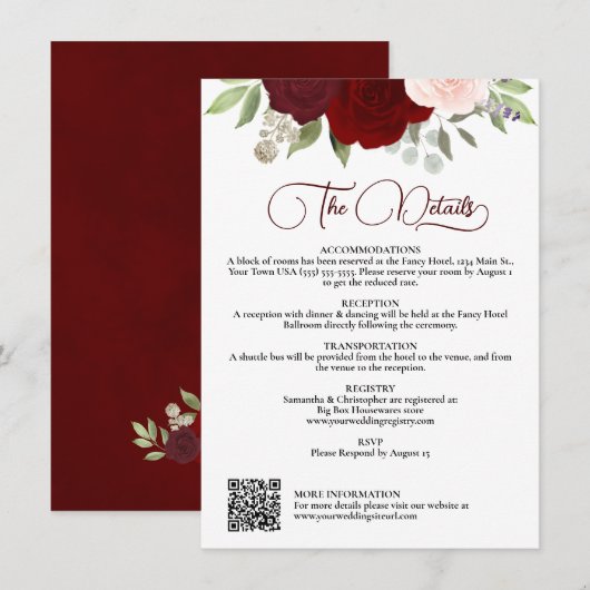 Red & Pink Roses Downloadable QR Wedding Details Einladung (Vorne/Hinten)